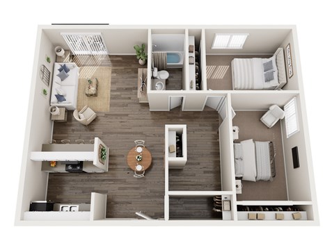 Floor plan for 2 beds, 1 bath, 862 sqft